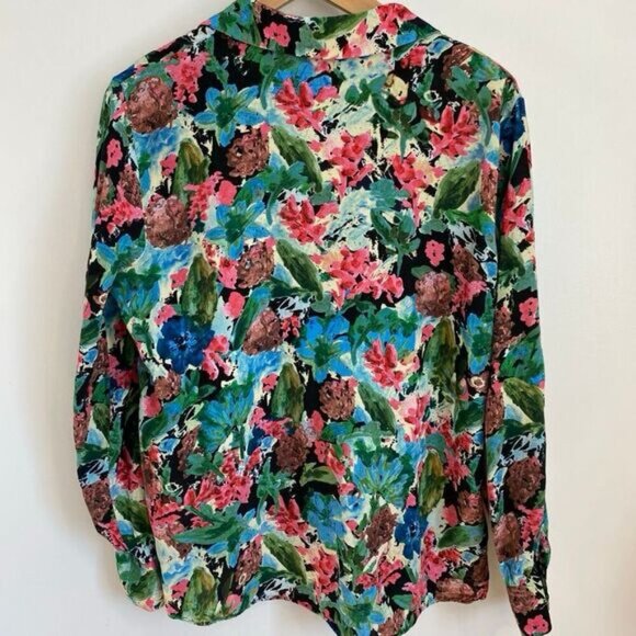 Zara Women's M Blue Pink Pastel Watercolor Button Down Shirt Top Hawaiian Beach - Picture 13 of 14